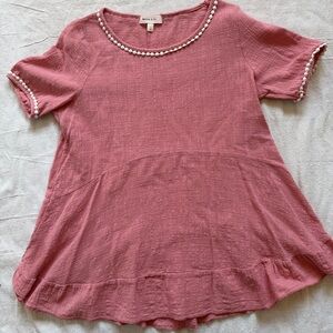 Hailey & Co. Rose Pink Short-Sleeve Peplum Top with Pom Trim Small Spring Easter